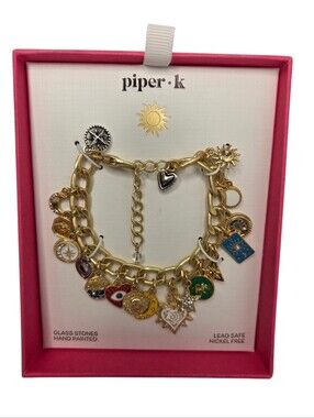 💕▪️piper k ▪️Gold-tone Hand Painted Multi Evil Eye  Charm Glass Stone Bracelet